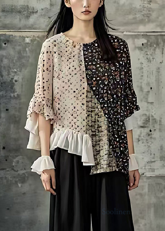 Boutique Colorblock Asymmetrical Patchwork Print Cotton Blouses Summer