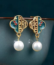 Boutique Colorblock Copper Overgild Pearl Enamel Hollow Out Drop Earrings