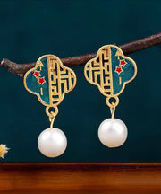 Boutique Colorblock Copper Overgild Pearl Enamel Hollow Out Drop Earrings