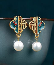 Boutique Colorblock Copper Overgild Pearl Enamel Hollow Out Drop Earrings