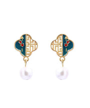 Boutique Colorblock Copper Overgild Pearl Enamel Hollow Out Drop Earrings