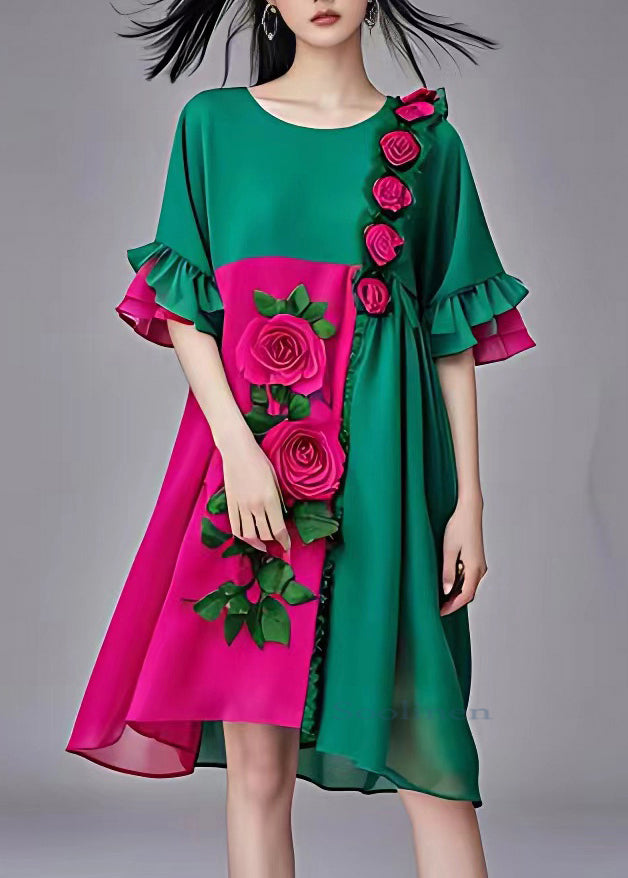 Boutique Colorblock Floral Chiffon Long Dresses Flare Sleeve