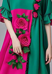 Boutique Colorblock Floral Chiffon Long Dresses Flare Sleeve