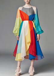 Boutique Colorblock O Neck Patchwork Chiffon Dress Long Sleeve