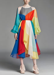 Boutique Colorblock O Neck Patchwork Chiffon Dress Long Sleeve