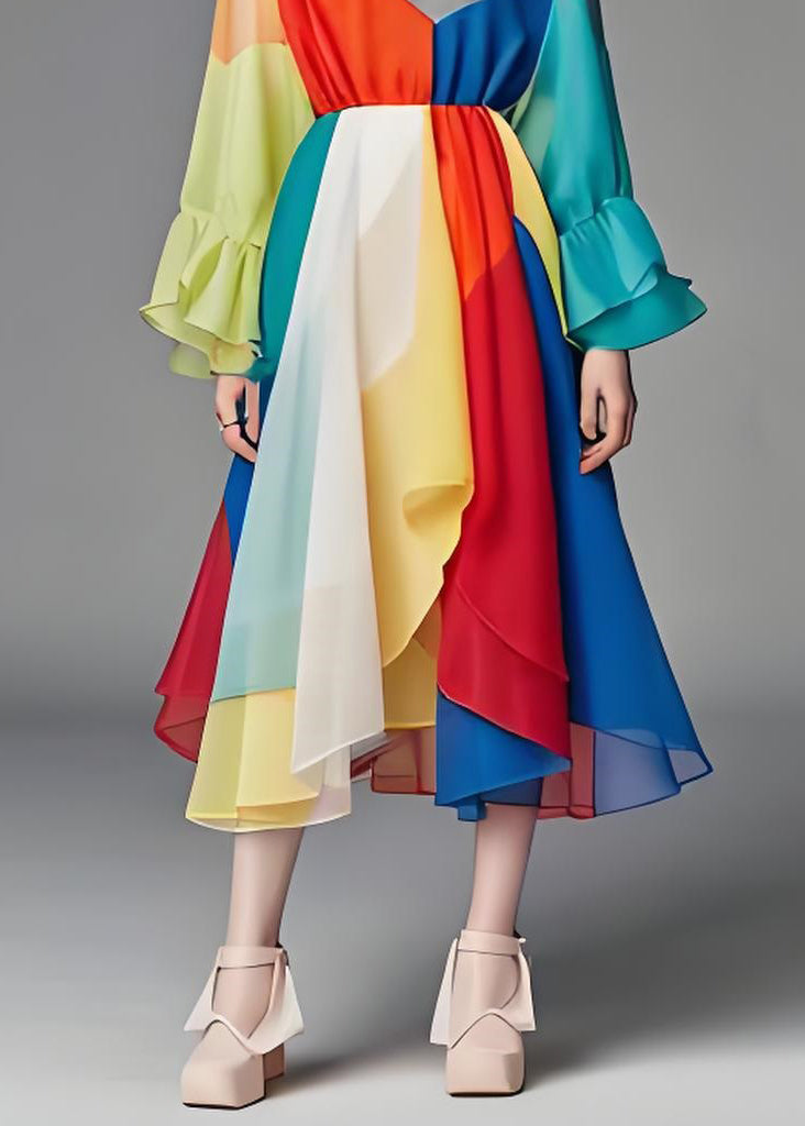 Boutique Colorblock O Neck Patchwork Chiffon Dress Long Sleeve
