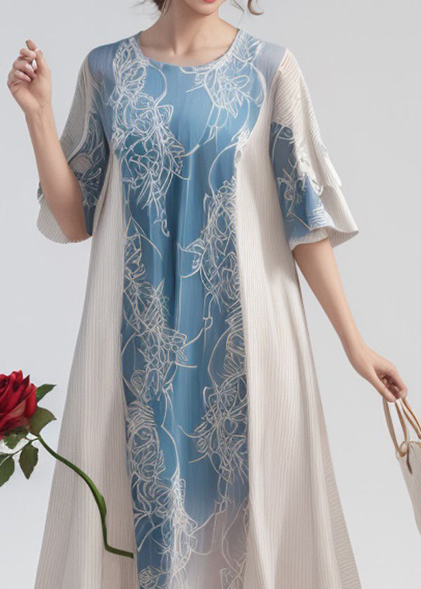 Boutique Colorblock O Neck Print Loose Silk Dresses Summer
