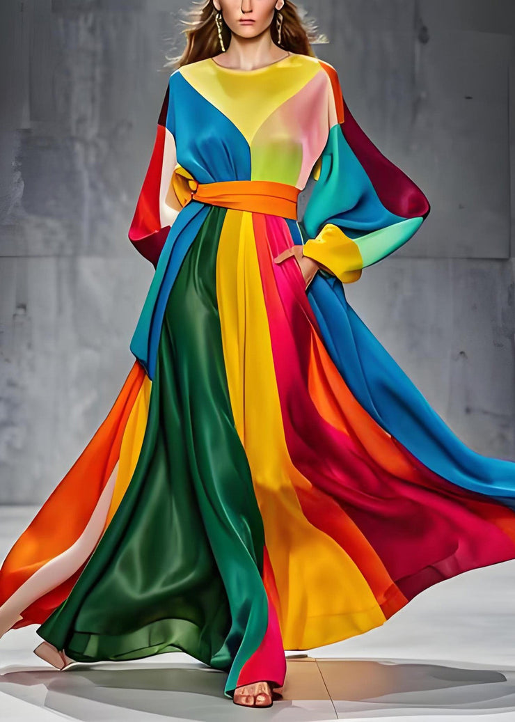 Boutique Colorblock O Neck Tie Waist Patchwork Silk Dresses Long Sleeve