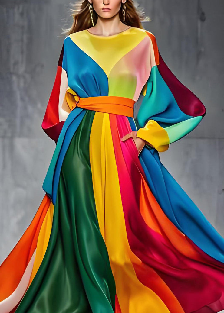 Boutique Colorblock O Neck Tie Waist Patchwork Silk Dresses Long Sleeve