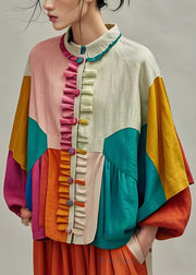 Boutique Colorblock Ruffled Patchwork Cotton Coat Lantern Sleeve