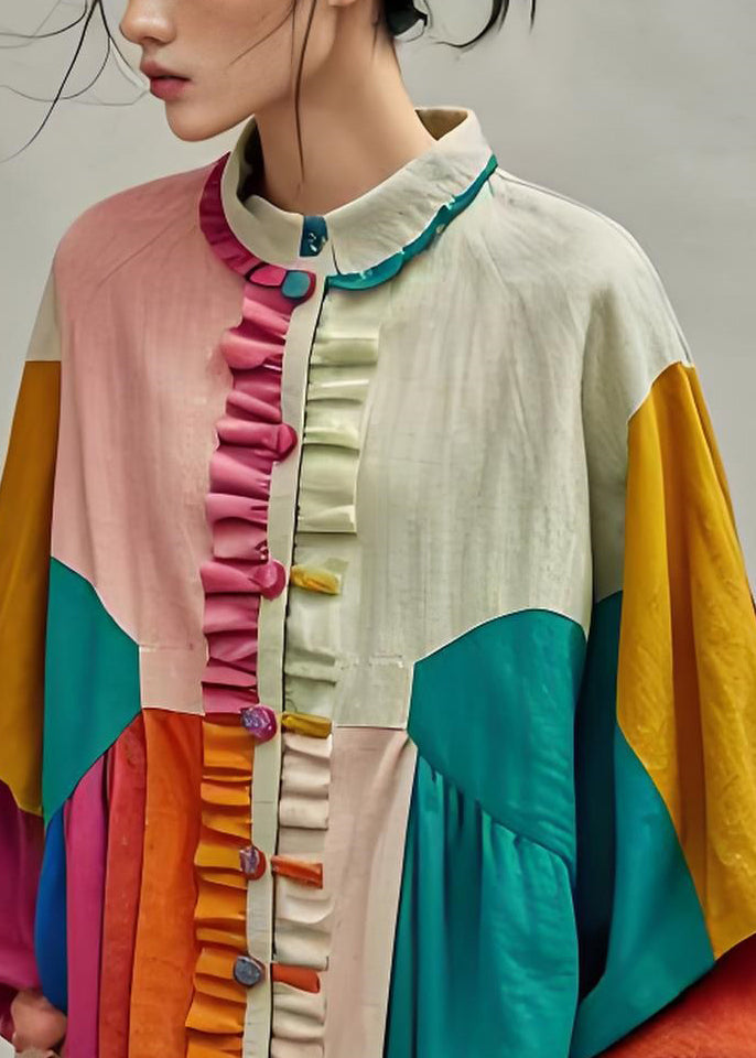 Boutique Colorblock Ruffled Patchwork Cotton Coat Lantern Sleeve