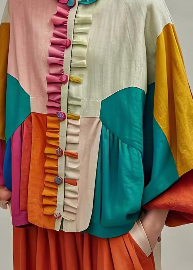 Boutique Colorblock Ruffled Patchwork Cotton Coat Lantern Sleeve