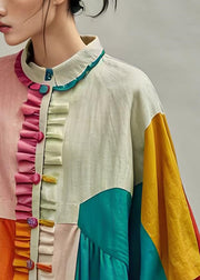 Boutique Colorblock Ruffled Patchwork Cotton Coat Lantern Sleeve