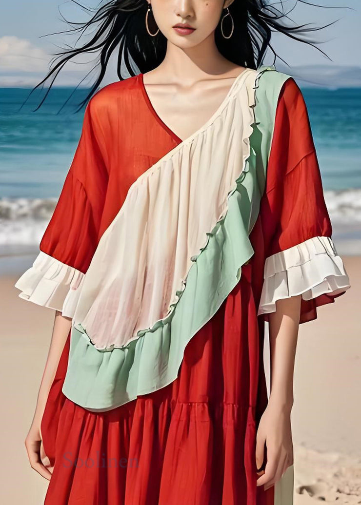 Boutique Colorblock Ruffled Patchwork Cotton Dresses Summer