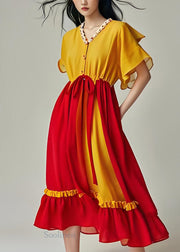 Boutique Colorblock Ruffled Patchwork Drawstring Chiffon Dress Summer