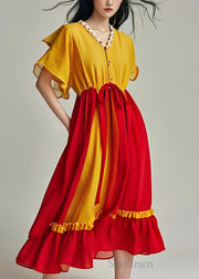 Boutique Colorblock Ruffled Patchwork Drawstring Chiffon Dress Summer