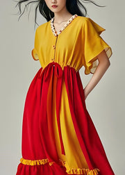 Boutique Colorblock Ruffled Patchwork Drawstring Chiffon Dress Summer