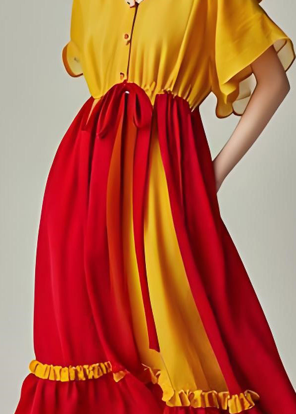 Boutique Colorblock Ruffled Patchwork Drawstring Chiffon Dress Summer