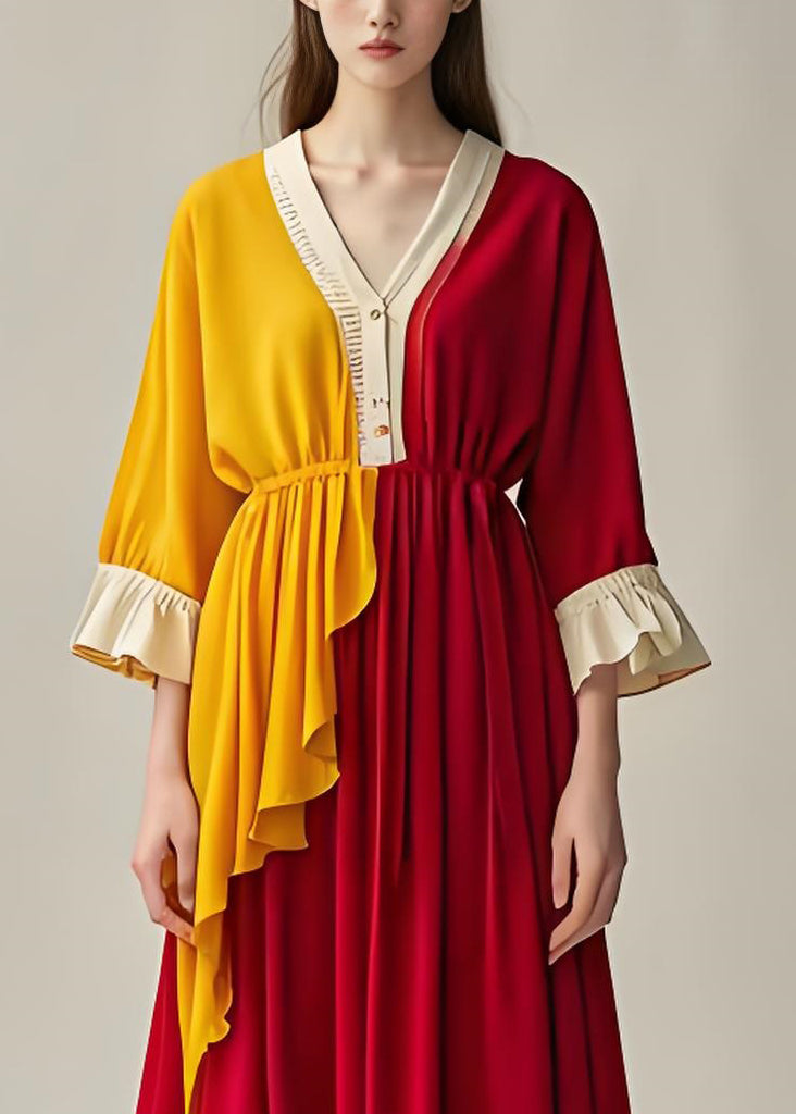 Boutique Colorblock V Neck Asymmetrical Patchwork Cotton Dresses Summer