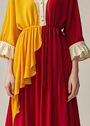 Boutique Colorblock V Neck Asymmetrical Patchwork Cotton Dresses Summer