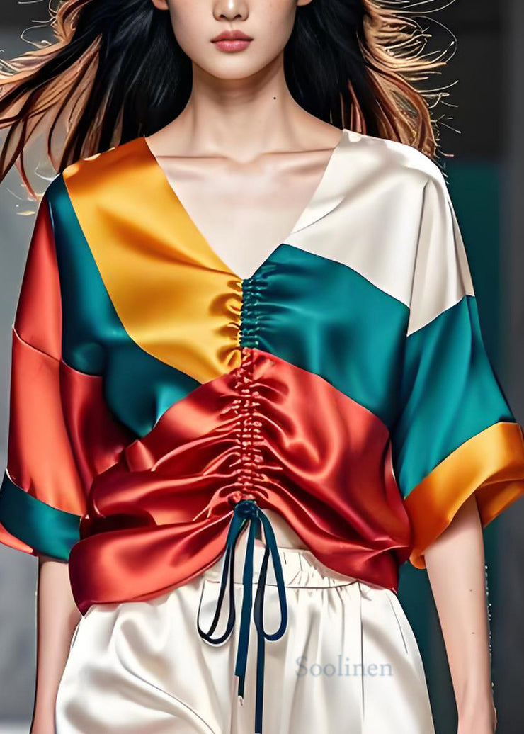 Boutique Colorblock V Neck Cinched Silk Shirt Top Summer