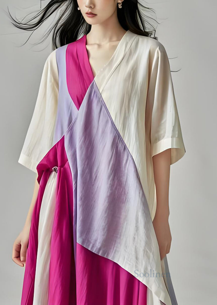 Boutique Colorblock V Neck Patchwork Cotton Long Dress Summer