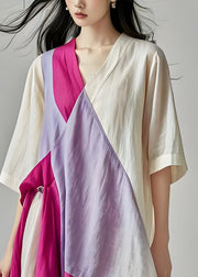 Boutique Colorblock V Neck Patchwork Cotton Long Dress Summer