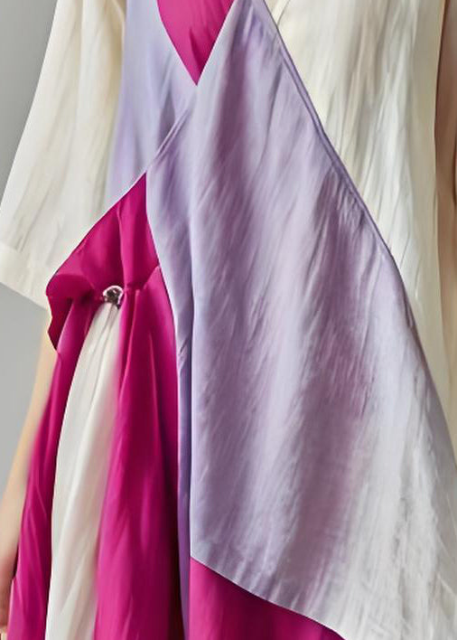 Boutique Colorblock V Neck Patchwork Cotton Long Dress Summer