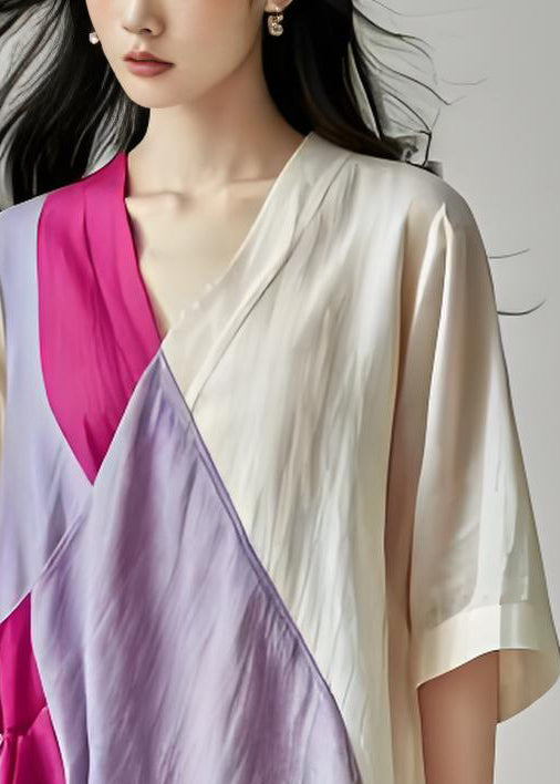 Boutique Colorblock V Neck Patchwork Cotton Long Dress Summer