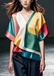 Boutique Colorblock V Neck Patchwork Silk Blouse Tops Summer
