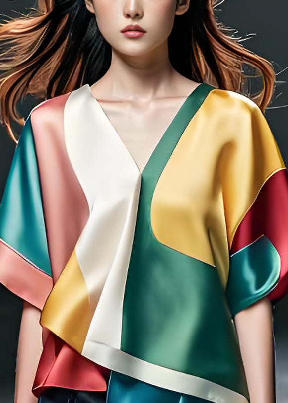 Boutique Colorblock V Neck Patchwork Silk Blouse Tops Summer