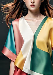 Boutique Colorblock V Neck Patchwork Silk Blouse Tops Summer