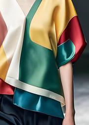 Boutique Colorblock V Neck Patchwork Silk Blouse Tops Summer