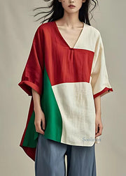 Boutique Colorblock V Neck Patchwork T Shirt Low High Design Short Sleeve