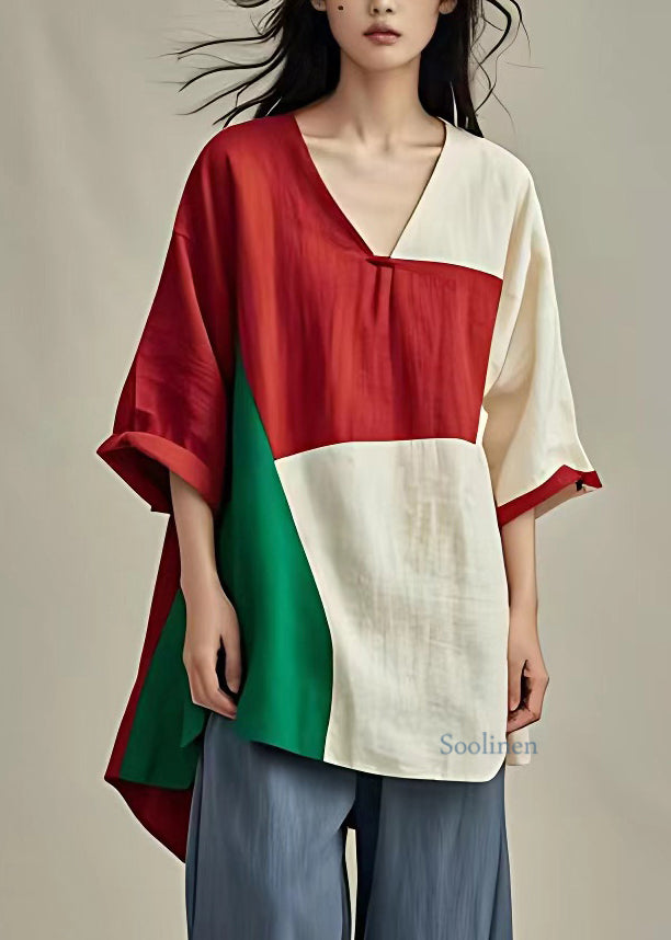 Boutique Colorblock V Neck Patchwork T Shirt Low High Design Short Sleeve