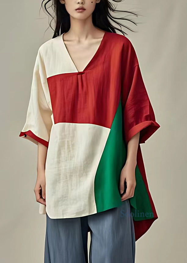 Boutique Colorblock V Neck Patchwork T Shirt Low High Design Short Sleeve