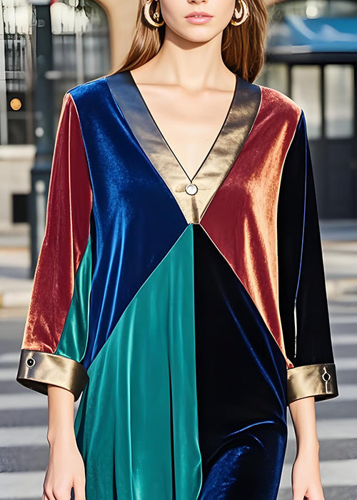 Boutique Colorblock V Neck Patchwork Velvet Dresses Fall