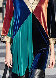 Boutique Colorblock V Neck Patchwork Velvet Dresses Fall