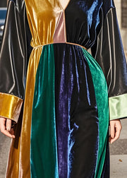 Boutique Colorblock V Neck Patchwork Velvet Long Dresses Fall