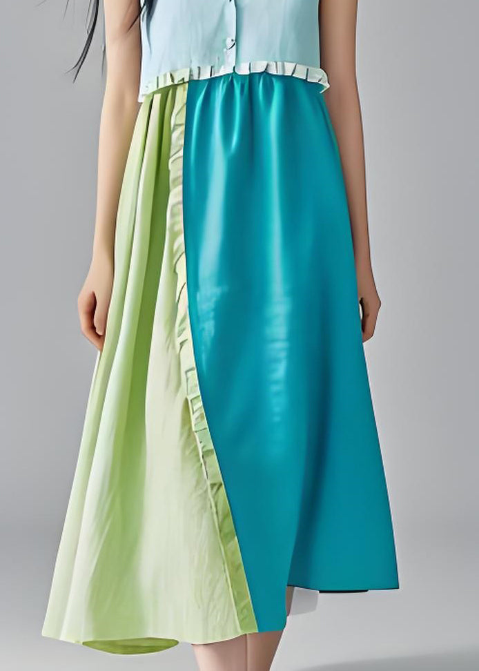 Boutique Colorblock V Neck Ruffled Cotton Dress Sleeveless