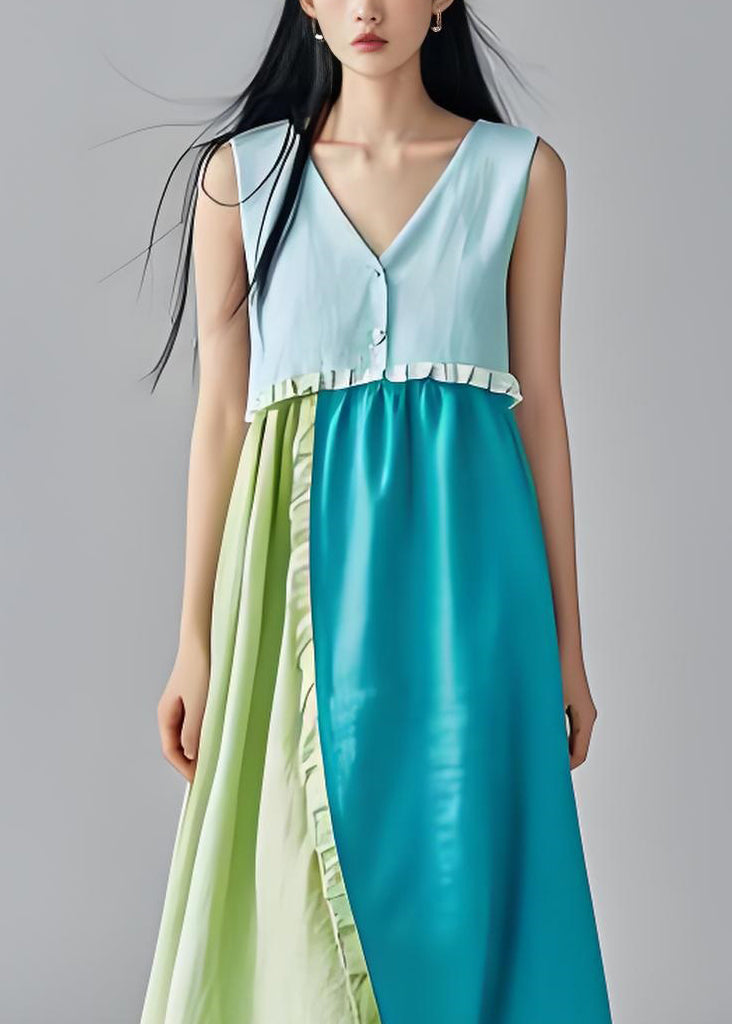 Boutique Colorblock V Neck Ruffled Cotton Dress Sleeveless