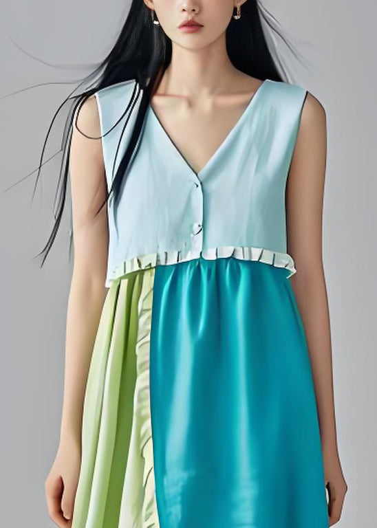 Boutique Colorblock V Neck Ruffled Cotton Dress Sleeveless