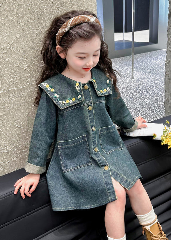 Boutique Denim Blue Peter Pan Collar Patchwork Pockets Kids Maxi Dresses Spring