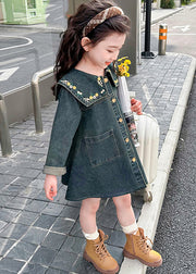 Boutique Denim Blue Peter Pan Collar Patchwork Pockets Kids Maxi Dresses Spring