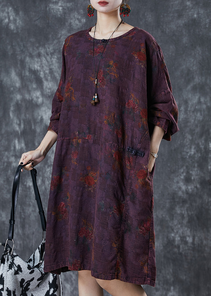 Boutique Dull Purple Print Chinese Button Linen Dress Spring