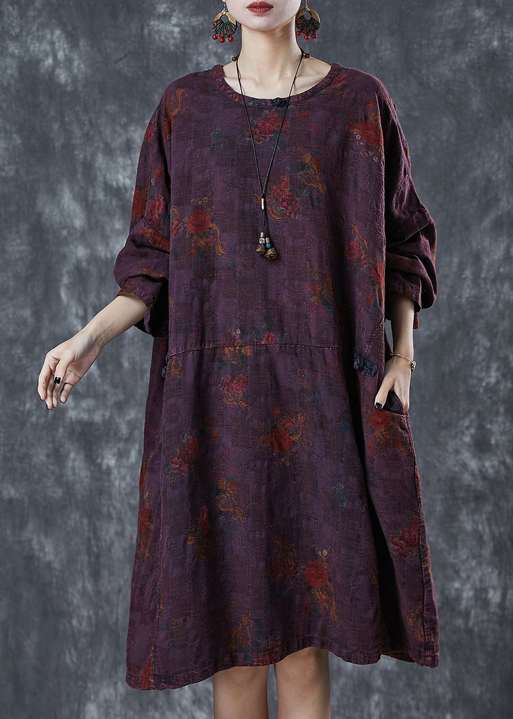 Boutique Dull Purple Print Chinese Button Linen Dress Spring