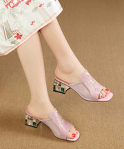 Boutique Embroidered Splicing Chunky Pink Cowhide Leather Slide Sandals