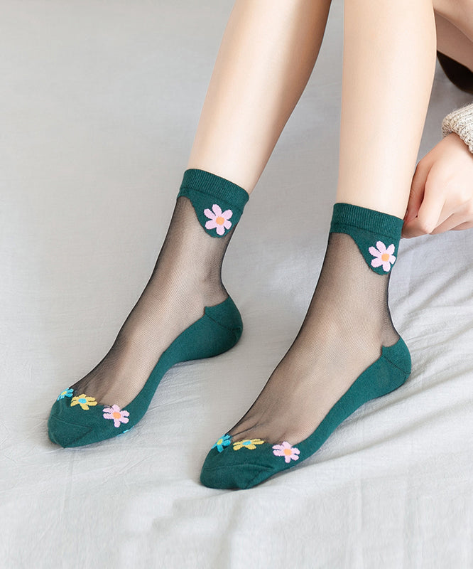 Boutique Floral Jacquard Cotton Ice Silk Crystal Crew Socks