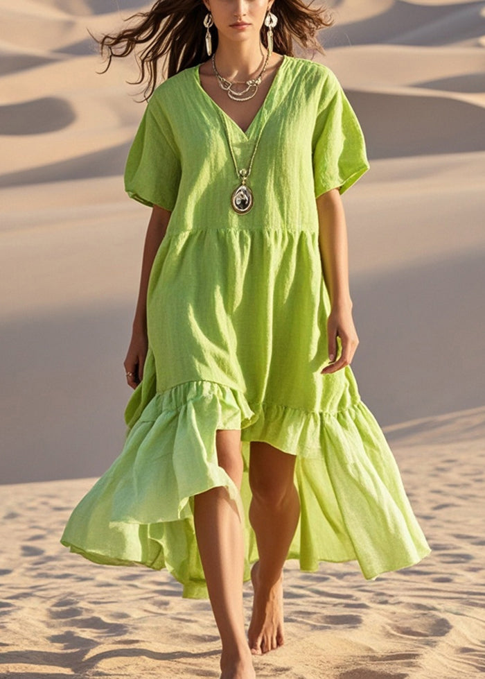 Boutique Fluorescent Green Asymmetrical Cotton Holiday Dress Summer