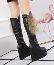 Boutique Fox Fur Splicing Platform Boots Black Faux Leather